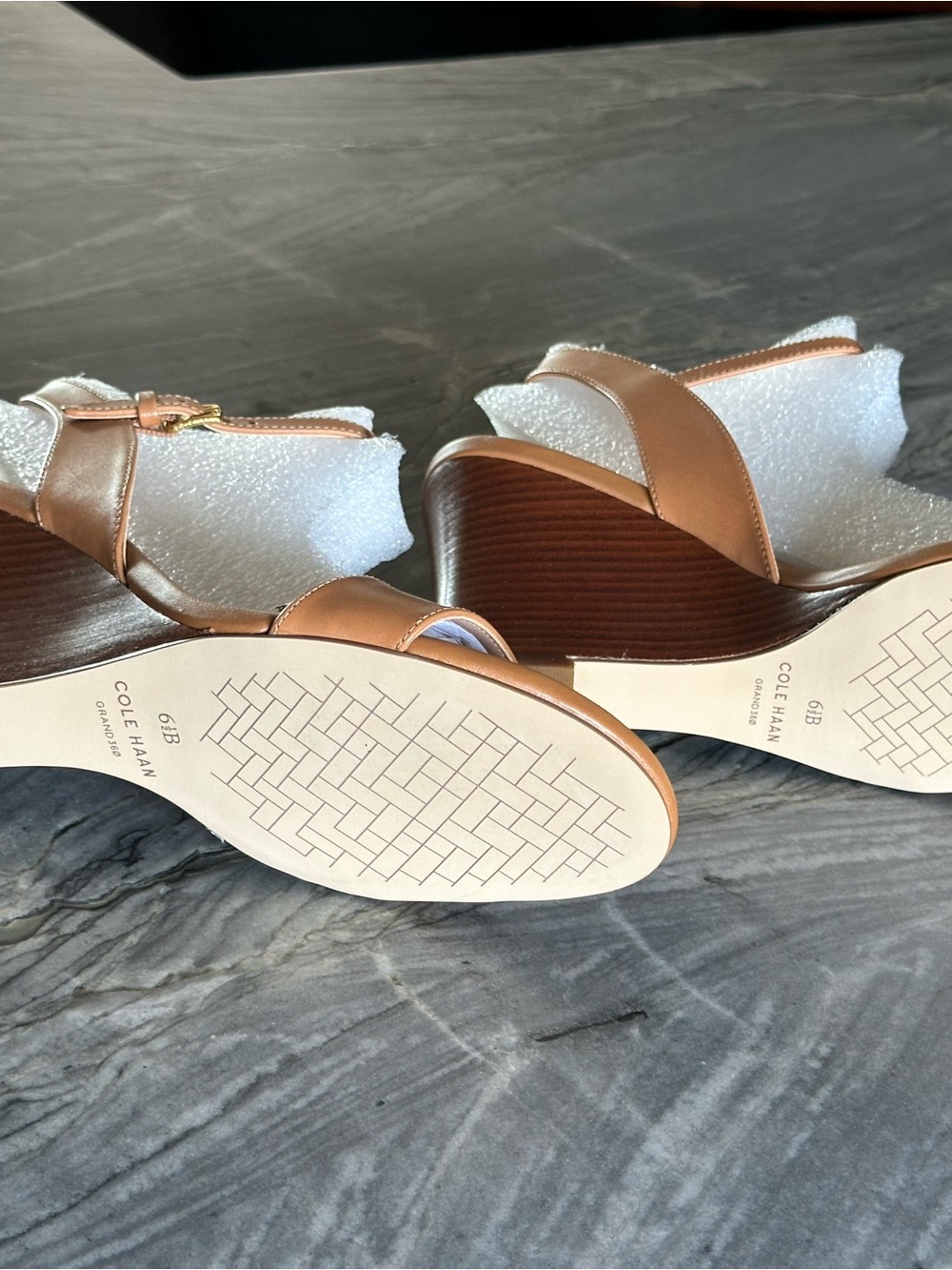 Cole Haan Tan Leather Strap Sandals with Gold Buckle - Picture 5 of 7